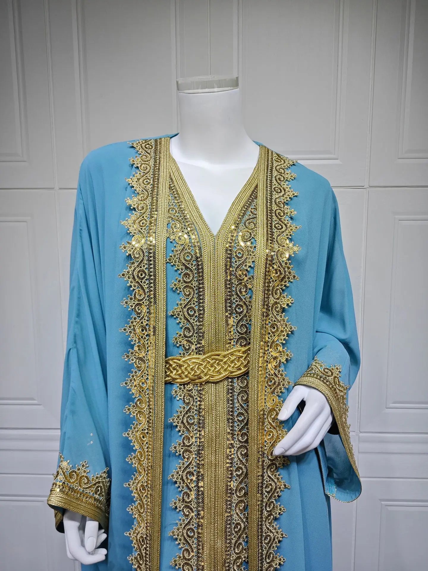 Eid Frauen Abaya Kleid Muslim 2-teiliges Set Strickjacke mit Innenkleid Schnürmantel Kaftan Robe Jalabiya Ramadan Marokko Kaftan 2025