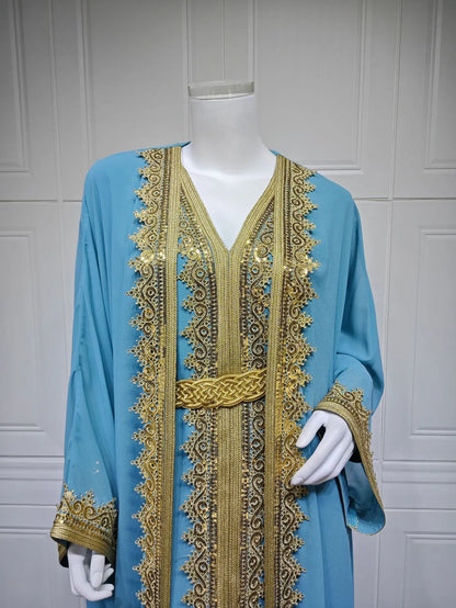 Eid Frauen Abaya Kleid Muslim 2-teiliges Set Strickjacke mit Innenkleid Schnürmantel Kaftan Robe Jalabiya Ramadan Marokko Kaftan 2025