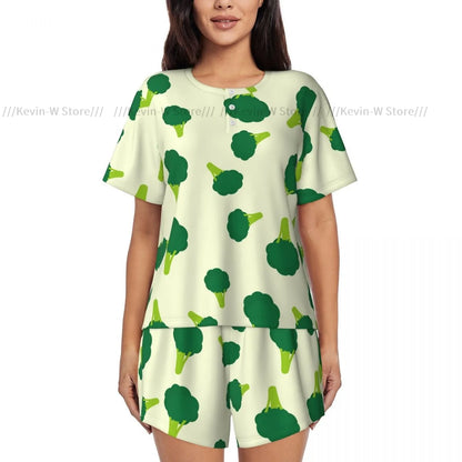 Damen-Pyjama-Set, kurzärmelig, Brokkoli-Hintergrund, Nachtwäsche, Loungewear für Sommer-Nachtwäsche.