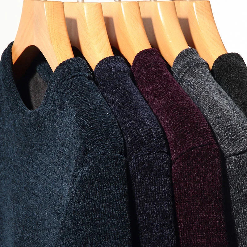 Winter Men Sweater Round Neck Fleece Chenille Thickened Solid Color Knit Inner Wear Warm Outdoor Windproof Men Pullovers.