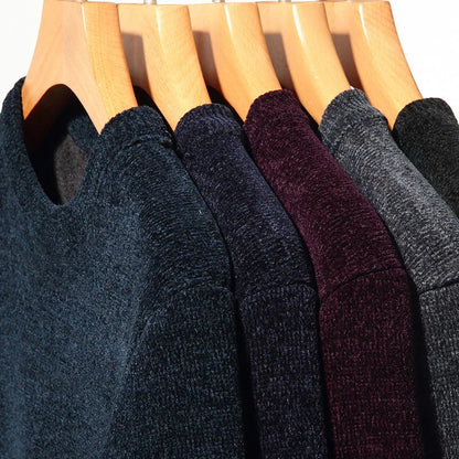 Winter Men Sweater Round Neck Fleece Chenille Thickened Solid Color Knit Inner Wear Warm Outdoor Windproof Men Pullovers.