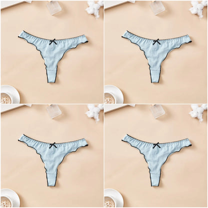 4pcs women's cotton solid color thong sexy comfortable women's underwear daily breathable T-back knitted bow cute girl low-waist