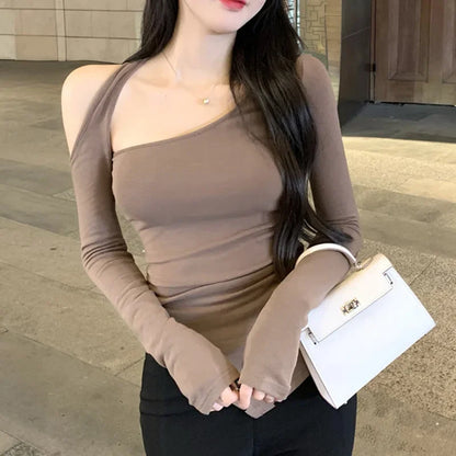Women's Off-the-shoulder Long Sleeve T-shirt Sensible Pure Desire Sexy Korean Version Fashionable Slimming Smooth Silhouette Top.