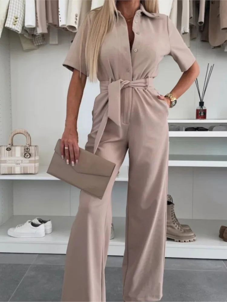New Spring Summer Women Jumpsuits, Elegant Office Lady Jumpsuit Solid Color Belt Short Sleeve Casual Overalls Wide Leg Pants.