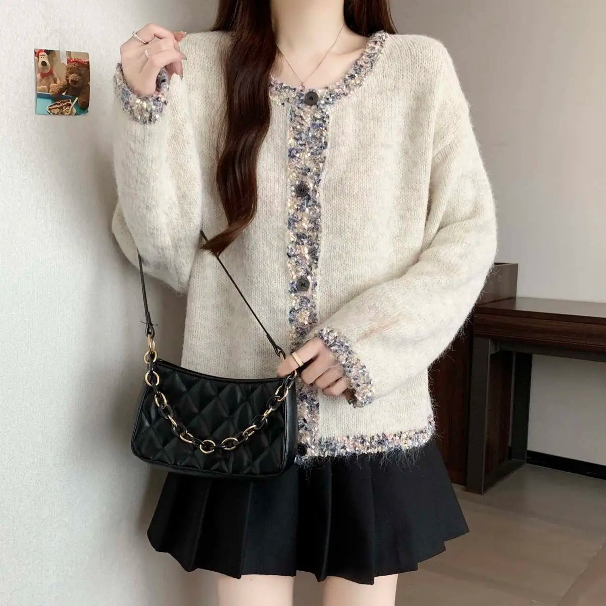 Pailletten-Strickjacke für Damen, Herbst und Winter, lockeres Schlankheitsoberteil