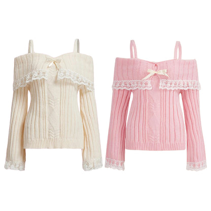 Grunge Frauen Schulterfrei Strickpullover Rosa Pullover Süße Pullover Langarm Schleife Spitze Patchwork Pullover Y2k Streetwear.