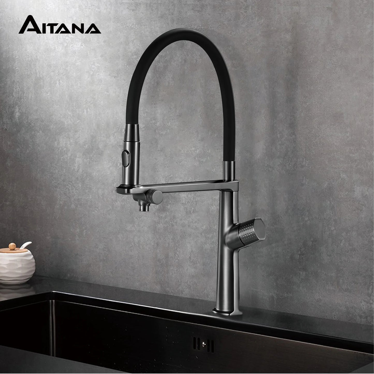 AITANA Luxury Brass Gun Grey Pull out 2-Function Kitchen Faucet Single Handle Cold and Hot Water Pure Water Design Sink Tap