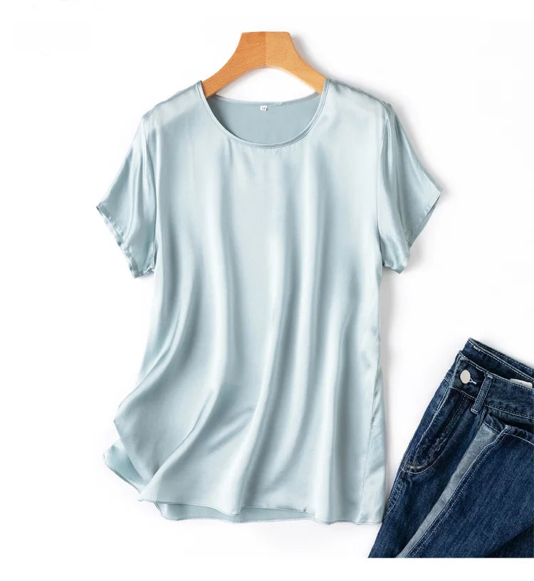 Women 100% Mulberry Silk 19 Momme half sleeve Crew Neck Top Shirt Blouse T-shirt More Colors M L XL MM4270