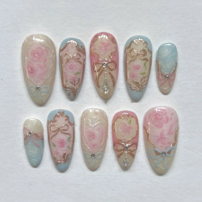 24pcs Sweet False Nail Patches Detachable Fake Nail Tips With Bowknots Love Heart Pearl Design Pink Almond Korean Press On Nail