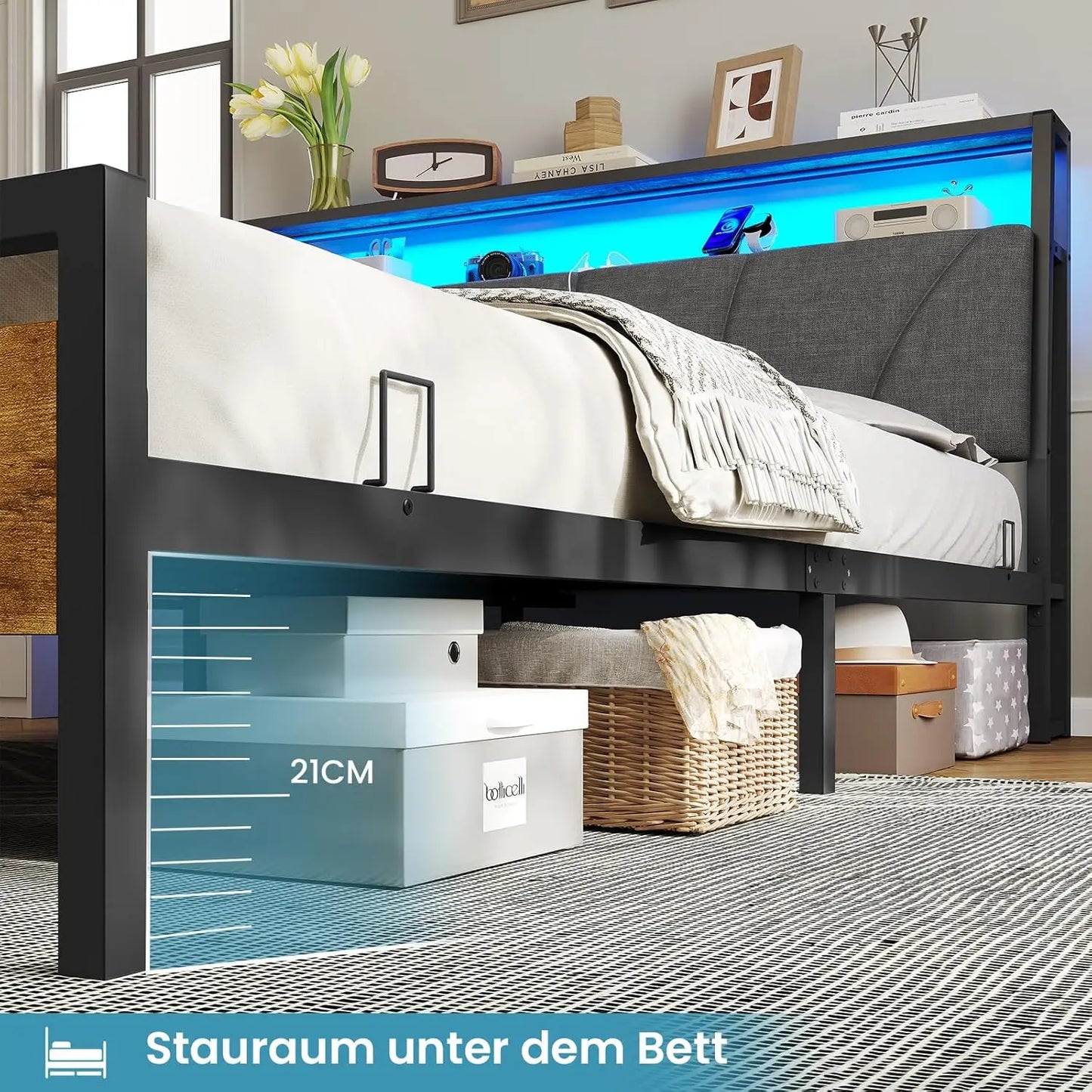 Metallbettgestell 140 x 200 cm mit LED-Beleuchtung, Kopfteil und Ladestation, integriertes Metallbett 140 x 200 mit Gitterbraten