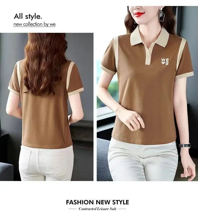 Sporty Short Sleeve Polo Shirt for Women Summer Fashionable Hong Kong Style Top Slim Fit Mixed Fabric Trendy T-Shirt