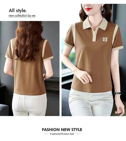 Sporty Short Sleeve Polo Shirt for Women Summer Fashionable Hong Kong Style Top Slim Fit Mixed Fabric Trendy T-Shirt