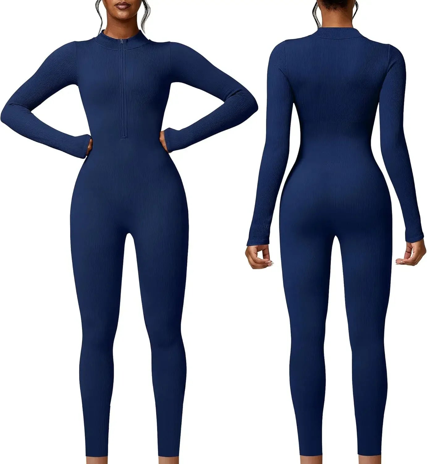 Seamless Long Sleeve Yoga Suit One-Piece Tightening Fitness Leisure Sports Jumpsuit with Zipper for Women.