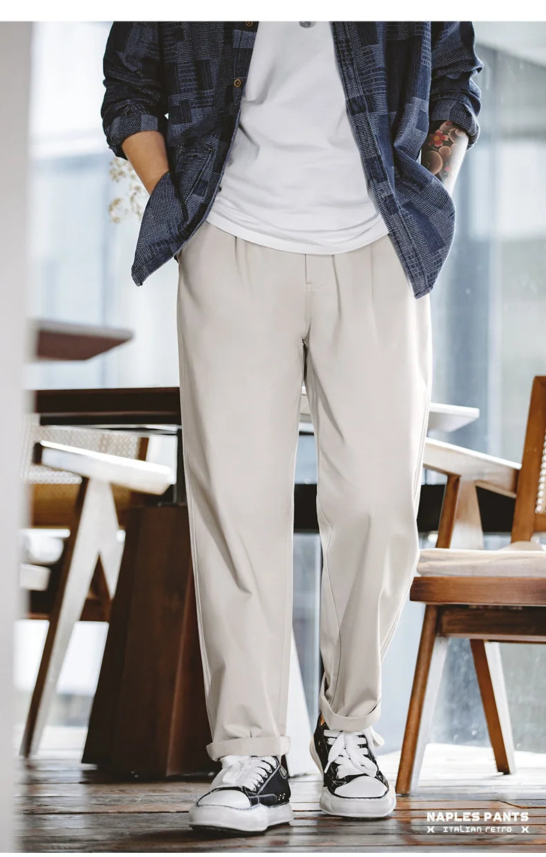 Maden Vintage Gentleman Naples Pants Korea Fashion Casual  Paris Button Straight Wide Trousers 100% Cotton Solid Work Suit Pants.