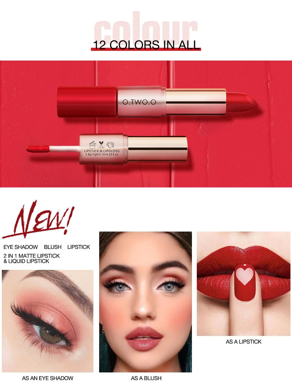 O.TWO.O 2 IN 1 Matte Lipstick&Liquid Lipstick 12 Colors Makeup Lip Glaze Waterproof Batom Lip Cosmetics Silky Texture.