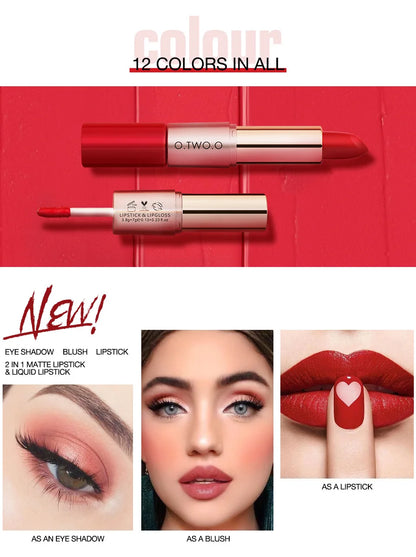 O.TWO.O 2 IN 1 Matte Lipstick&Liquid Lipstick 12 Colors Makeup Lip Glaze Waterproof Batom Lip Cosmetics Silky Texture.
