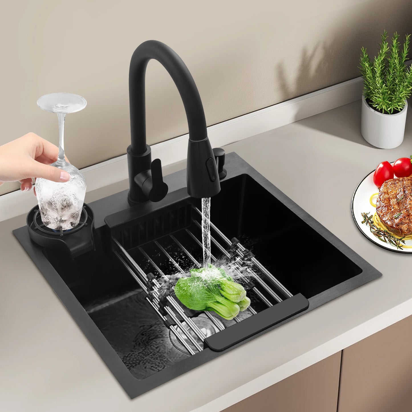 Multifunktionales Küchenspülbecken aus Edelstahl, rechteckiges schwarzes Küchenspülbecken mit ausziehbarem Wasserhahn und 300 ml Seifenspender