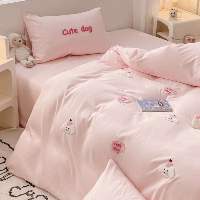 Ins Girly Heart Towel Embroidery Bedding Four-piece Set Soft Washed Cotton Bed Sheet Quilt Cover Three-piece Set.