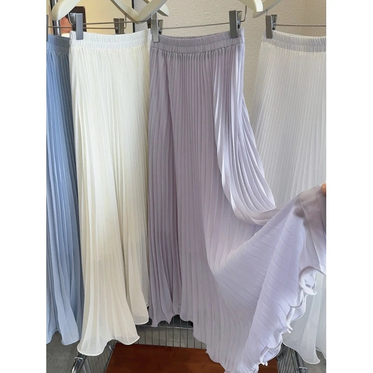 Women's Summer Elegant Pleated Elastic Waist Chiffon Long Skirt Lady High Waist A Line Streetwear Solid Color Skirt