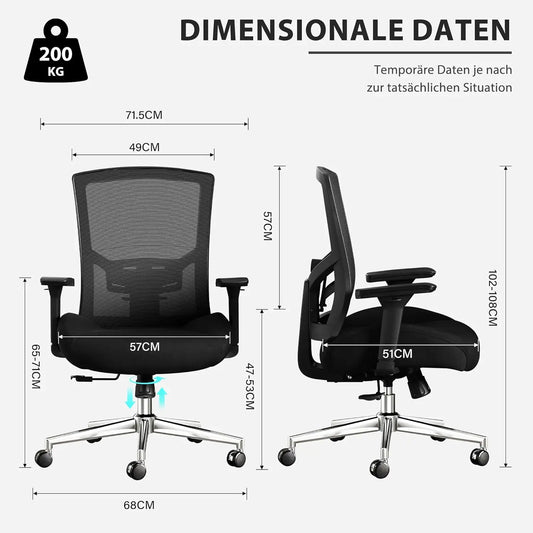 Bürostuhl 200 kg Ergonomischer Schreibtischstuhl mit 4D-Armlehnen, Bürostuhl mit Lendenwirbelstütze und 3D-verstellbarem, Wippfunkti