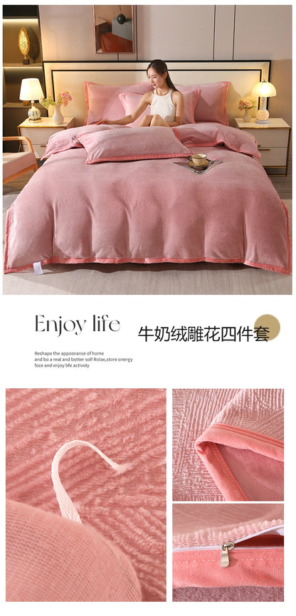 2025 new light luxury high gram weight carved fleece milk fleece bed sheet four-piece set thickened warm bedding winter