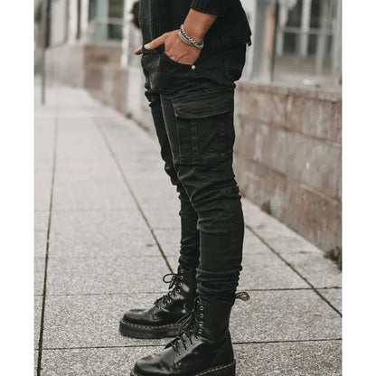 Men Casual Pencil Jeans Male Elastic Multi Pocket Small Slim High Street Denim Pants Wash Solid Color Mid Waist Cargo Jeans.