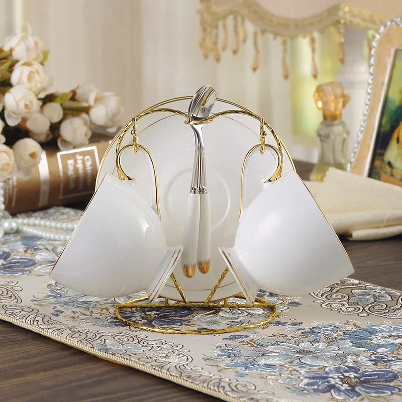 China Coffee Set White Gold Porcelain Tea Advanced Pot Cup Ceramic Mug Sugar Bowl Creamer Teapot Milk Jug Teaset.