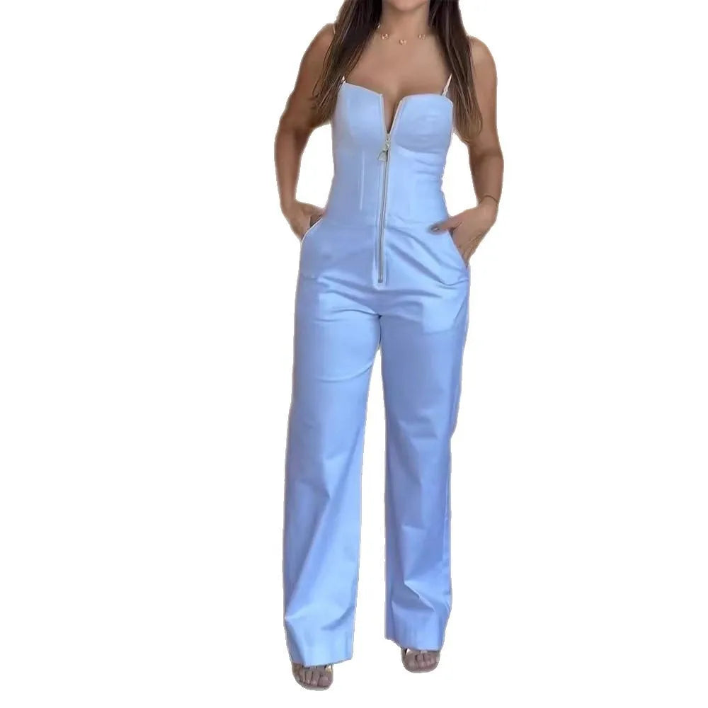 Women's Fashionable High-waist Jumpsuit Office Sexy Zipper Jumpsuit Summer Casual Commuting Solid Color Long Suspender Jumpsuit.