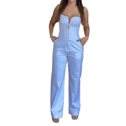 Women's Fashionable High-waist Jumpsuit Office Sexy Zipper Jumpsuit Summer Casual Commuting Solid Color Long Suspender Jumpsuit.