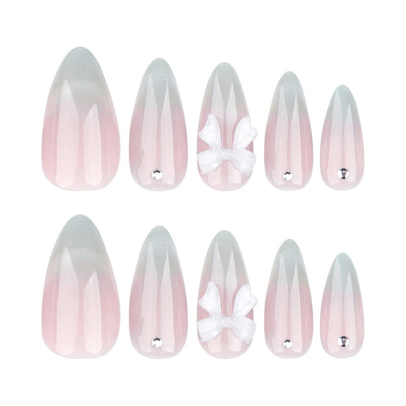 24pcs Sweet Cat Eye French Press on Nails Diamond-Pointed Three Dimensional Bow Knot Wearable Nail For Women&Girl Almond Nail.