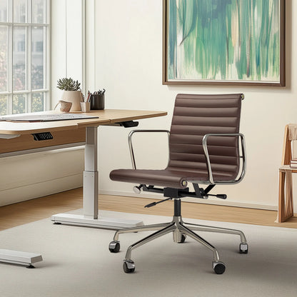 Gerippter Bürostuhl mit hoher mittlerer Rückenlehne, Drehstuhl aus echtem Leder mit Rahmen aus Aluminiumlegierung, verstellbarer ergonomischer Computerstuhl