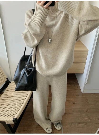 Zweiteiliger Anzug aus 100 % Merinowolle für Damen, O-Kragen-Pullover, Pullover, weites Bein, Hosen-Set, Herbst-Winter, lockere, bequeme Strickwaren