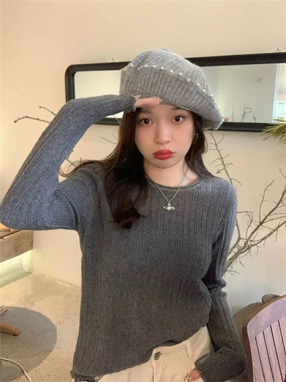 2025 neue Herbst Frühling Pullover Mode Frauen Gestrickte Dünne Lange Hülse O-ansatz Jumper Casual Büro Dame Pendeln Pullover Top.