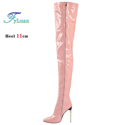 Plus Size 45 46 47 Women Stripper Heels 11CM Stiletto Sexy Pointed toe Red Long Shoes Club Party Over The Knee Thigh High Boots