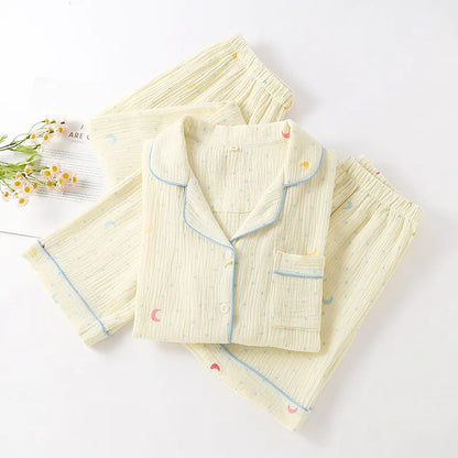 Pajamas pure cotton three-piece set spring and summer thin crepe autumn gauze lapel short-sleeved trousers shorts loungewear set