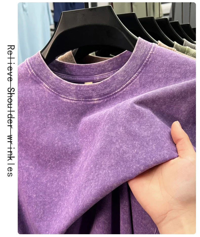 Personality washed vintage short sleeve T-shirt high-end 100% pure cotton men fashion round neck comfort lightweight casual top