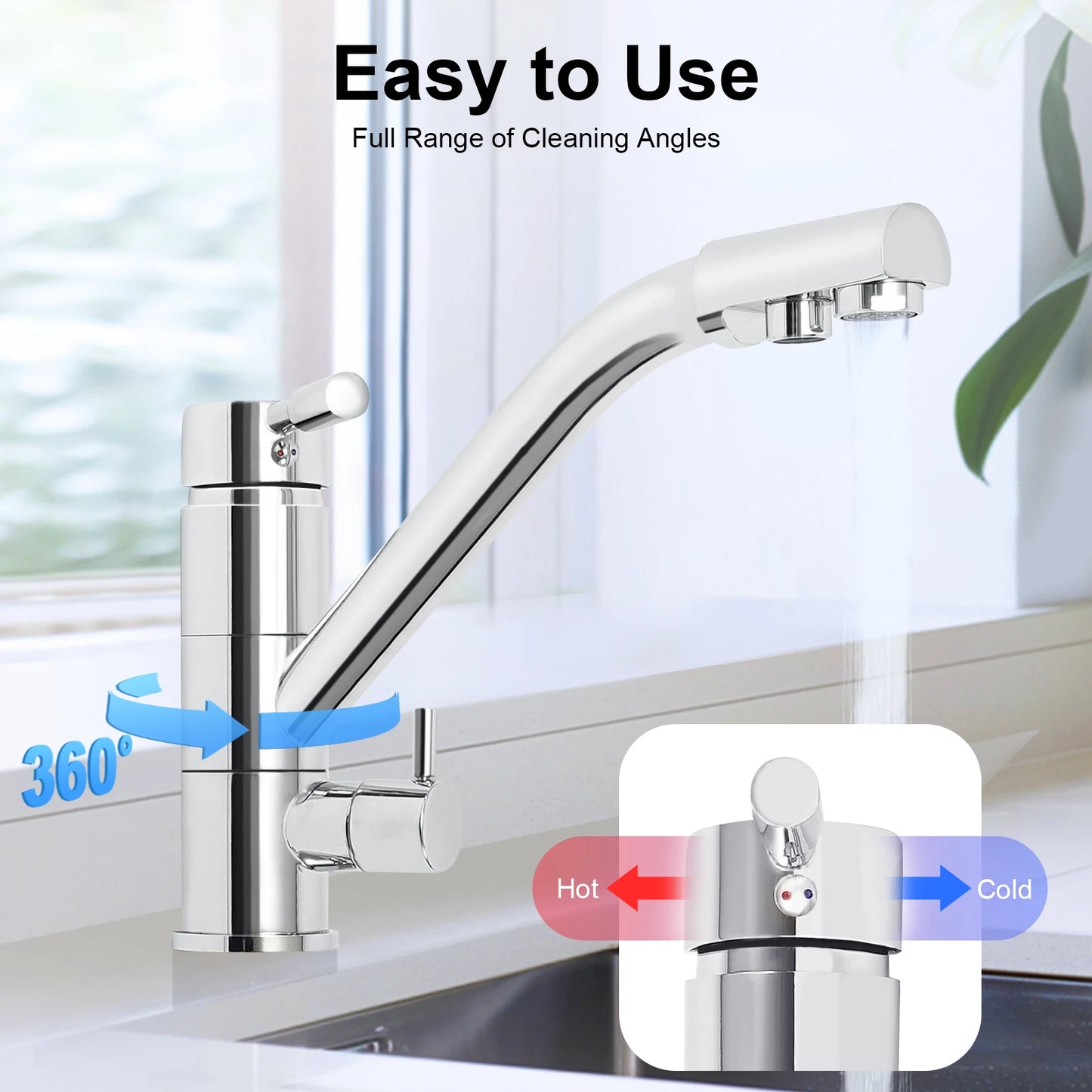 3 in 1 Water Filter Tap 360° Rotatable Three-Way Kitchen Faucet Osmosis System Tap Kitchen Water Filter Fitting 22*20cm