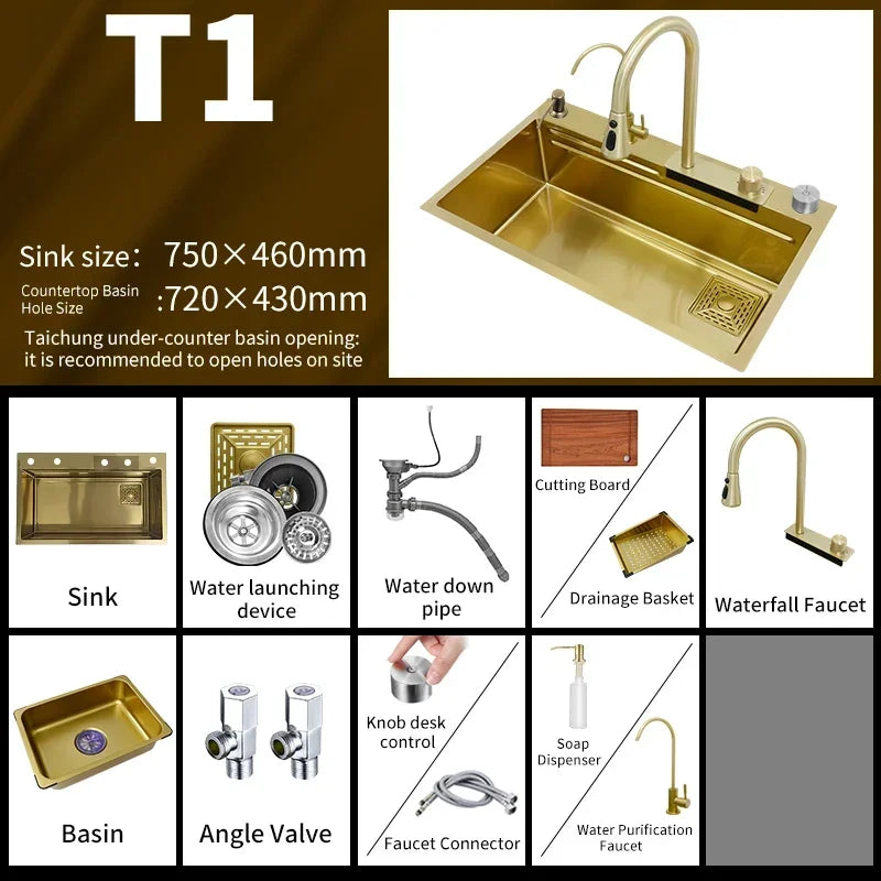 Waterfall Kitchen Sink Gold 304 Stainless Steel Modern Multifuctional Large Sink  Above Counter Apron Front Installation