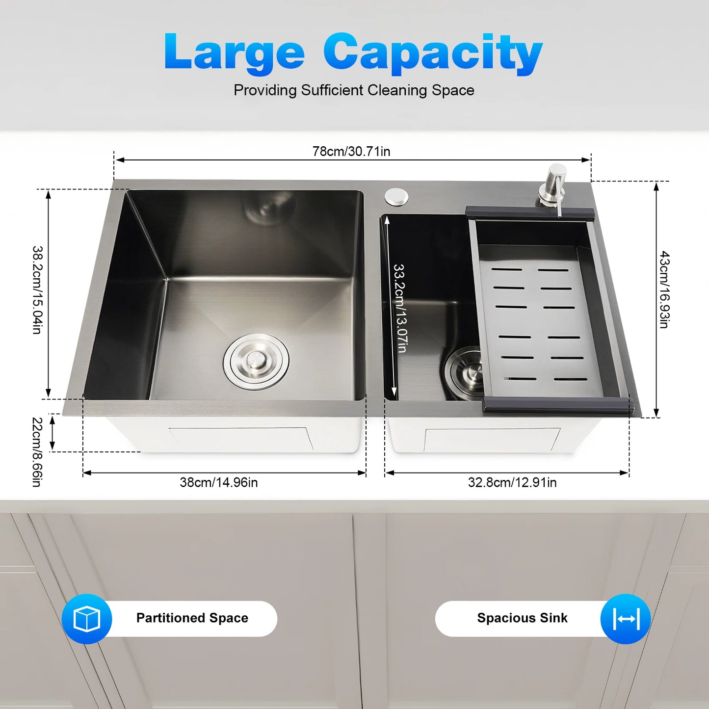 Doppelschüssel-Küchenspüle mit Seifenspender, Abflusskorb, Rohre, Edelstahl 304, 78 x 43 x 22 cm, zusätzliche Aufbewahrung für Restaurants