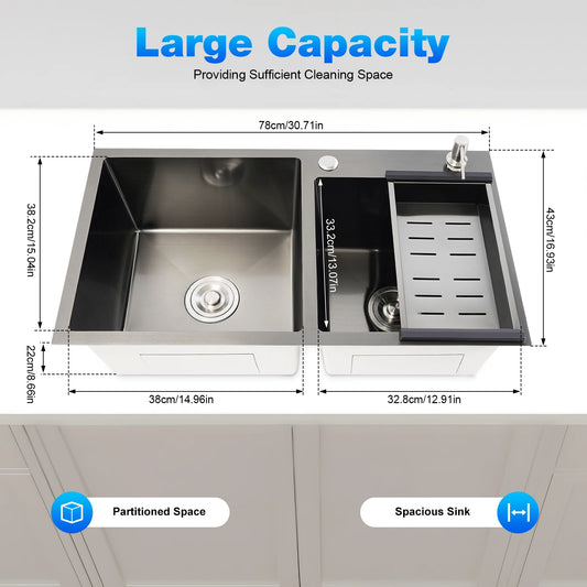 Doppelschüssel-Küchenspüle mit Seifenspender, Abflusskorb, Rohre, Edelstahl 304, 78 x 43 x 22 cm, zusätzliche Aufbewahrung für Restaurants