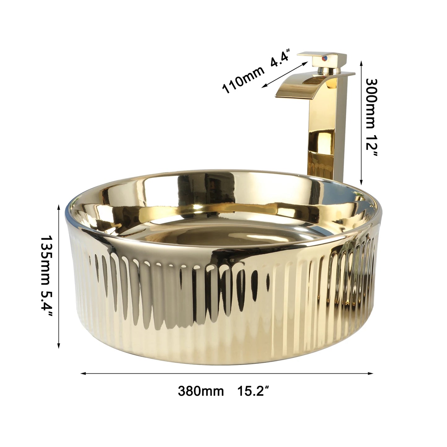 Kemaidi 14.6 ''Gold rundes Gefäß Waschbecken mit Wasserhahn Keramik Gefäß Waschbecken Waschbecken über Theke Gefäß Waschbecken