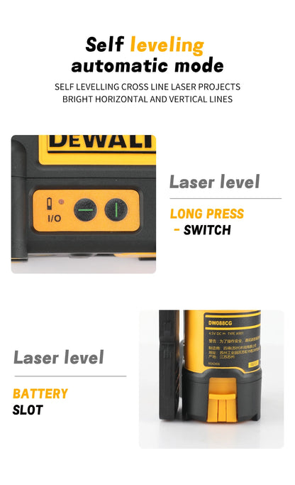 DEWALT DW088CG Laser-Wasserwaage, 2-zeiliges Kreuzlinien-Grünlicht, automatische Nivellierung, hochpräzise horizontale vertikale Laser-Wasserwaage