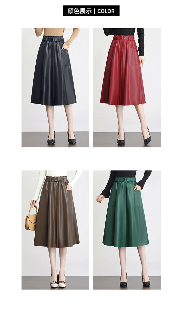S-5XL New Women Plus Size Leather Skirt Spring Autumn Fashion Stretch Waist A-Line Loose Long Skirt Split Leather Sheepskin.