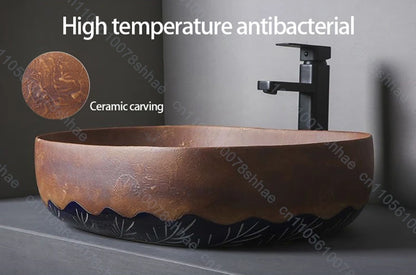 Vintage-Keramik-Waschbecken, ovales Badezimmer, künstlerisches Waschbecken über der Theke, Waschbecken für Badezimmer, Waschtisch, Aufsatzwaschbecken