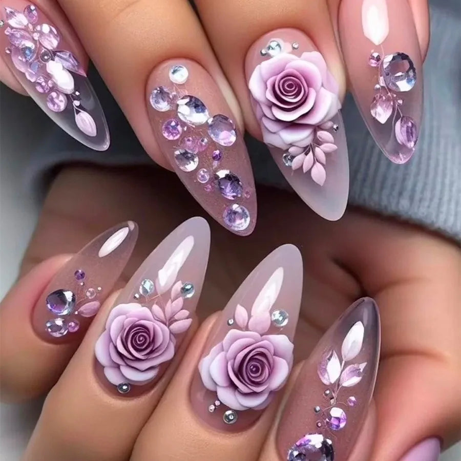 Purple Flower Press on Nails 24Pcs Almond/Coffin Wearable Fake Nails Flower Printed Woman DIY Manicure Acrylic False Nails Tips.