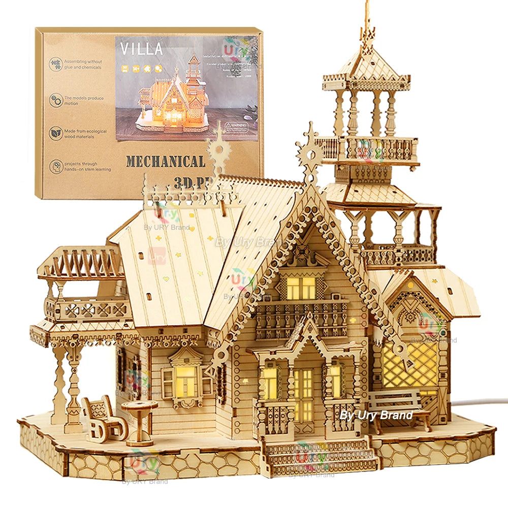 3D Wooden Puzzle Villa House Royal Castle with Light Assembly Toy Kid Adult DIY Model Kits Desk Decoration for Gift.