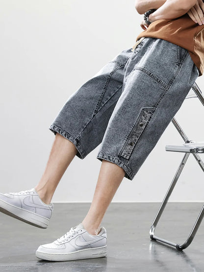 Summer Men's Jeans Denim Breeches Calf-Length Casual Shorts Washed Cotton Drawstring Straight Capris Pants Big Size 8XL.