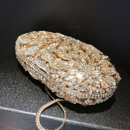 Gold Metal Leaves White Crystals Evening Clutch Bags Luxury Women Wedding Party Purse Ball Handbags Rhinestone Mini heart bag.