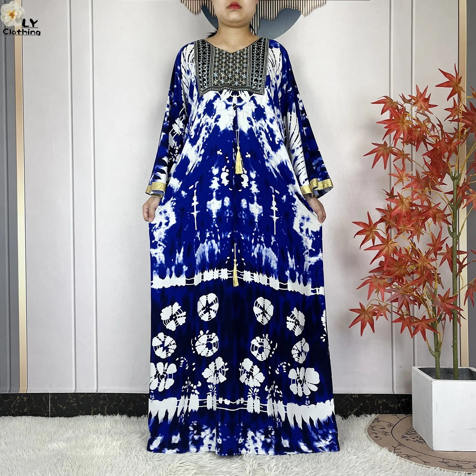 2025 New African Abaya For Women Dress Loose Batwing Sleeve Pockets High-quality Tie-dye Pure Cotton Fabric Women Islam Clothing.