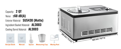 SucceBuy Automatic Ice Cream Maker with Built-in Compressor 2 Quart No Pre-freezing Fruit Yogurt Machine Electric Sorbet Maker.